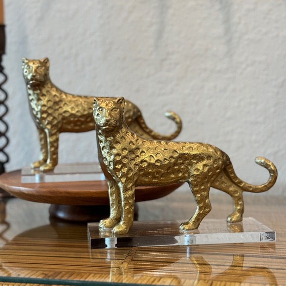 Other - Pair Vtg Brass Cheetah Leopard Sculptures on Lucite Bases Hollywood Regency MCM